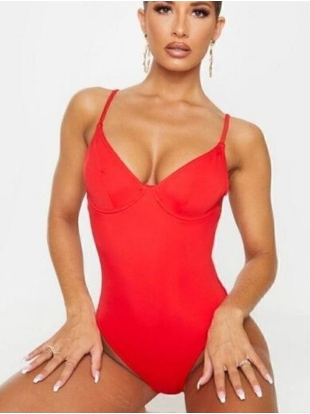 Revamped Red Ribbed V Neck Thong Bodysuit Size Medium